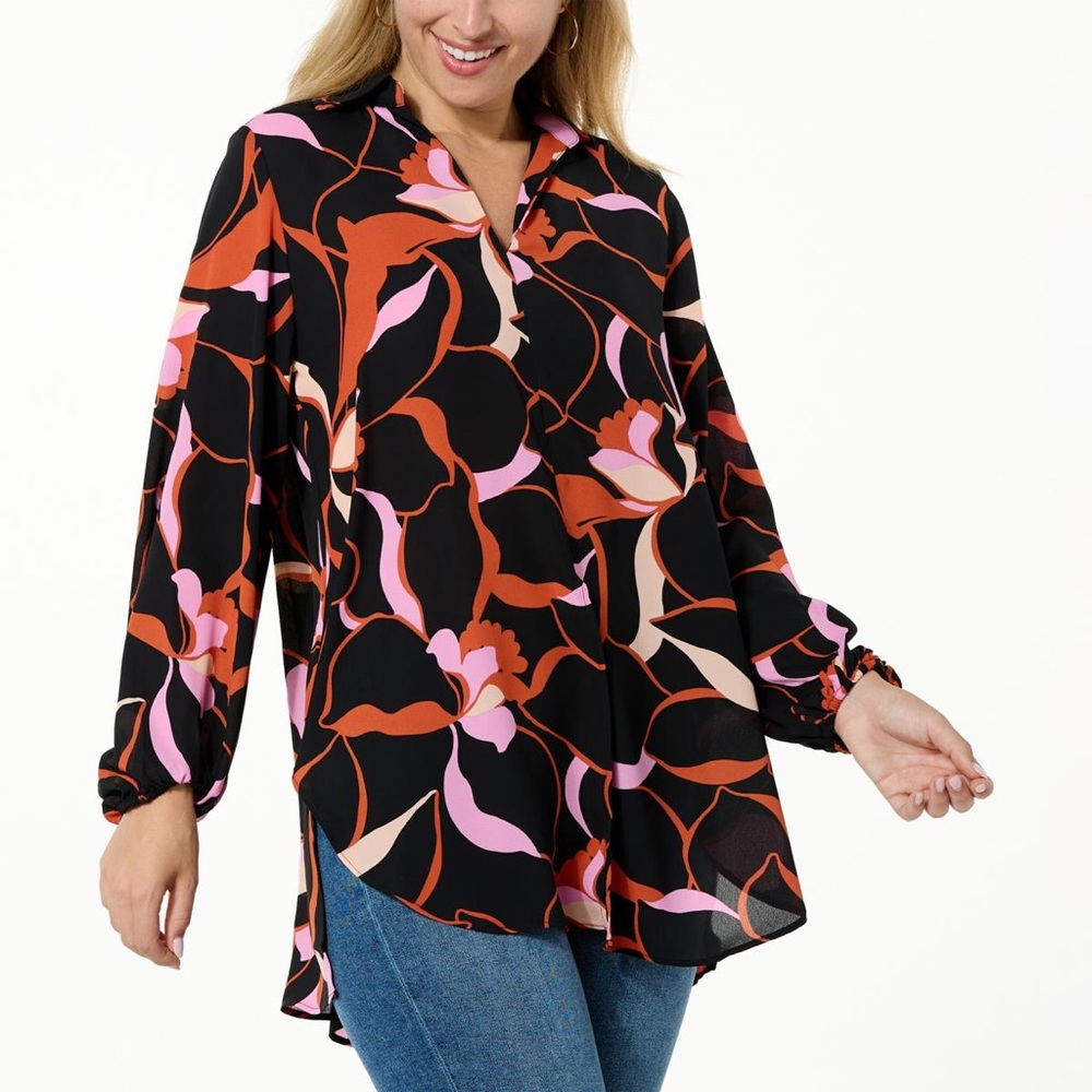 Colleen Lopez Collard Tunic with Gathered Sleeves Black Pink/Red Floral Top M